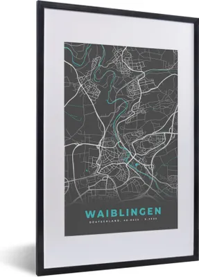 Produktbild von MuchoWow® Gerahmtes Poster Deutschland - Blau - Waiblingen - Stadtplan - Karte 40x60 cm - Poster mit Schwarzem Bilderrahmen Wandposter Rahmen Foto Bilder - Poster in Rahmen