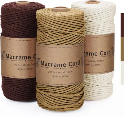 Immagine prodotto di Set di cordoncini in cotone per macramé, 3 mm x 100 metri, nei colori kaki, marrone e beige, ideali per lavori di artigianato