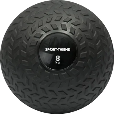 A black slamball with a textured surface and a central black disc with white text.