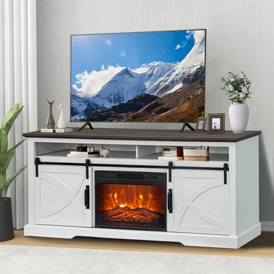 Produktbild von Parrot Uncle TV-Schrank mit Kamin 173cm, Weiß Modern, MDF & Stahl, Schiebetüren, Fernbedienung, für Wohnzimmer & Schlafzimmer