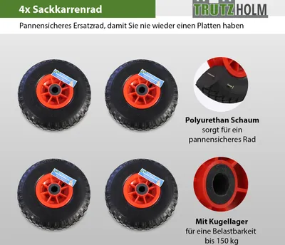 Produktbild von 4x Sackkarrenrad PolyurethanRad 260x85 mm 3.00-4 75 mm zentrierte Nabe Ø 20 mm rot Vollgummi Bollerwagen