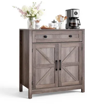 Zdjęcie produktu dla Komoda – Bufet – Z szufladą – Dwie drzwi przesuwne w stylu rustykalnym – Wymiary: 75 x 37,5 x 80 cm – Styl wiejski – Do salonu, jadalni, przedpokoju, kuchni – Szara