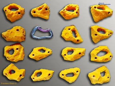 Produktfoto der gelben S-Klettergriffe "FrankenStein S" von Move-it-Climbingholds; angeordnet auf grauem Hintergrund.