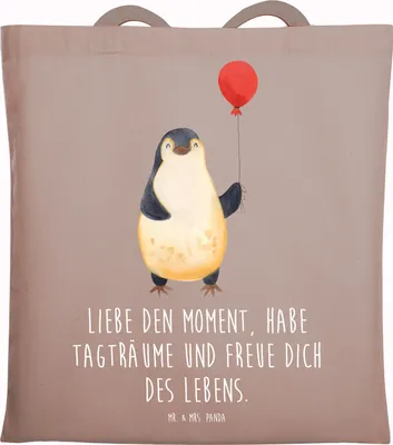 Produktbild von Mr. & Mrs. Panda Tote Bag Pinguin Luftballon - Braun Pastell - Geschenk, Laptoptasche, Jutebeutel, Uni Tasche, Neustart, Motivation, Tragetasche