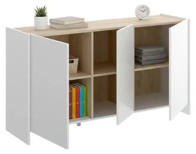 Produktbild von Sideboard Dariol, Buffet für Wohnzimmer, Modernes Sideboard für Wohnzimmer mit 3 Türen, 138x42h76 cm, Weiß und Eiche