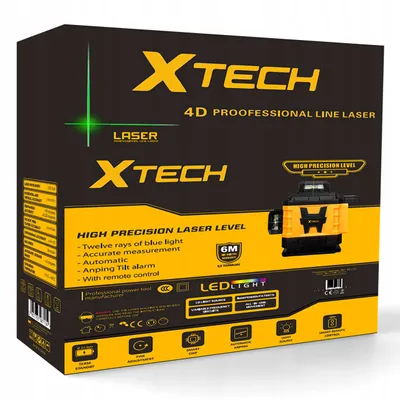 The image shows the packaging of a laser level tool.