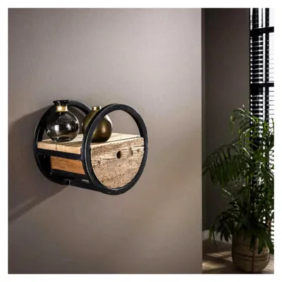 Produktbild von Rundes Regal aus Metall und Massivholz mit Schublade, Hängende Kommode aus Hartholz und Metallrahmen, Wandregal für Blumentöpfe mit Stauraum, Küchenregal Rund, Designer Wandregal Rund