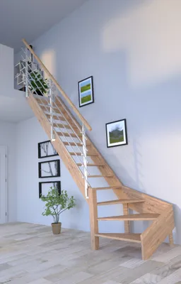Produktbild von Holztreppe Rhodos in 1/4 gewendelter Ausführung links-Eiche-Design-Geländer-Edelstahl-ohne Setzstufen