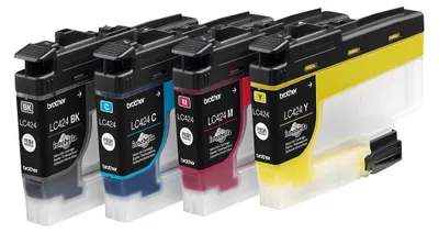 Four Brother ink cartridges are lined up and angled towards the viewer.