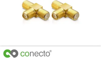 Produktbild von conecto F-Verbinder, doppel F-Kupplung, 1x F-Buchse auf 2x F-Buchse, Adapter zur Erweiterung von Antennen-Kabel / Koaxial-Kabel, vergoldet, 2er Set