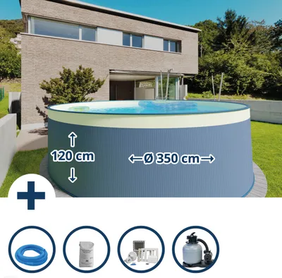 Produktbild von Stahlwandpool Set (5-teilig) rund 350 x 120 cm, Stahl 0,4 mm anthrazit Folie 0,3 mm sand