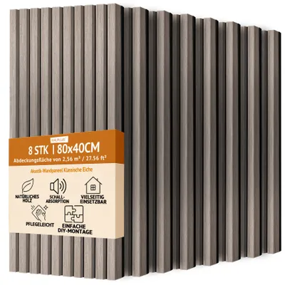 Produktbild von WALPLUS 8er-Pack Akustikpaneele Grau Eiche 80x40cm Holzpaneele Elegantes Innendekor Schallabsorption Holzwand Panel Umweltfreundlich Akustikpaneele Outdoor für Wohnheime Luxusprojekte