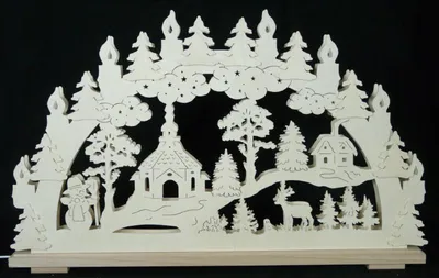 Produktbild von Schwibbogen mit Seiffener Kirche Haus Waldtieren und Beleuchtung BxHxT 70x43x7cm NEU