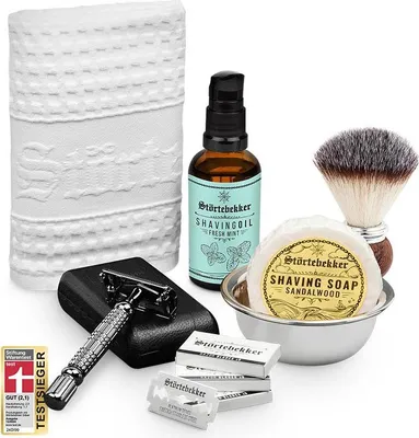 Produktbild von Störtebekker Rasurpflege Set Premium - Rasierhobel (Schwarz) & Leder-Etui (Schwarz), Rasierpinsel, Rasierschale, Rasiertuch, Rasieröl & Rasierseife