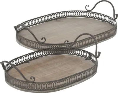 Produktbild von Tablett mit Griff Metall/Holz 2erSet natur Dekotablett Landhaus oval L36+45cm