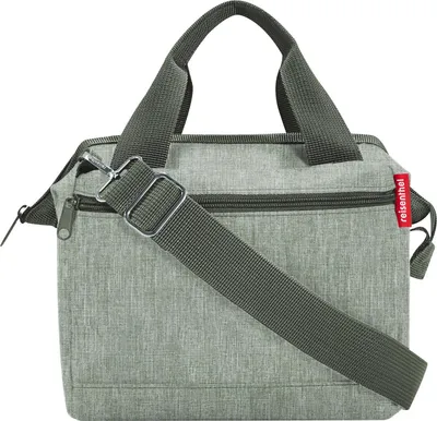 A gray reisenthel handbag with a shoulder strap is shown against a white background.