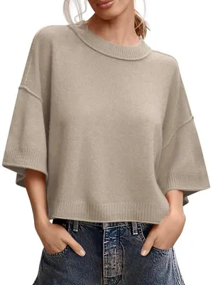 Produktbild von Damen Kurzarmpullover,Sommer,Oversized Cropped Pullover,Lässige Rundhals-Pullover,Leichte Strickoberteile