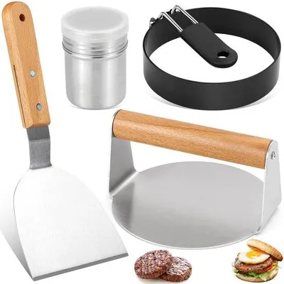 Zdjęcie produktu dla Zestaw Unyqoos® do przygotowywania burgerów i nie tylko – prasa do burgerów ze stali nierdzewnej (304) z drewnianym uchwytem, łopatka, foremka do jajek i dozownik do przypraw