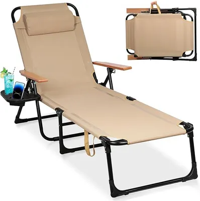 Produktbild von Sonnenliege Klappbar mit Armlehne und Verstellbarer Rückenlehne, Liegestuhl Balkon mit Getränkehalter, belastbarkeit 150 kg, Outdoor Liege für Garten, Balkon & Strand