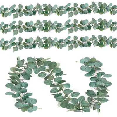 Produktbild von 4-teiliger künstlicher Eukalyptuskranz, 1,8 m Eukalyptusdekoration, grüner Eukalyptusblattkranz für Hochzeiten, Vintage-Tischdekoration, Heim- und Badezimmerdekoration, Partydekoration