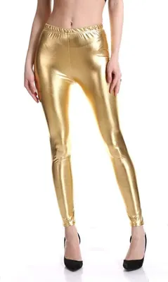 Produktbild von ASKSA Damen Leggins Silber Leggins Metallic Damen Glaenzende Hose 80er mit Hoher Taille Shiny Leggins,Gold,XL