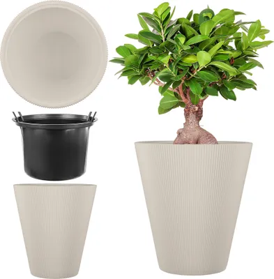 Produktbild von KADAX Pflanzkübel Ø 29,5 x H 32.5 cm, moderner Blumenkübel mit Innentopf & geriffeltes Design, großer Pflanzentopf aus Kunststoff  (Creme)