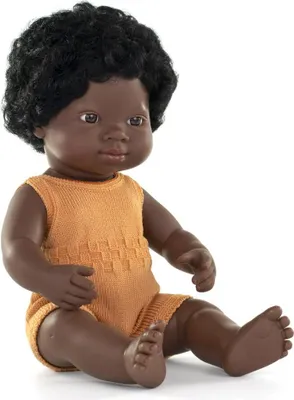 Produktbild von Miniland Babypuppe afrikanisches Mädchen 38cm - buntes Spielzeugpuppe