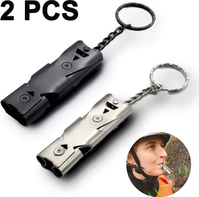 Produktbild von 2 Stück Signalpfeife, 150dB Edelstahl High Decibel Whistle mit Schlüsselanhänger für Berg Überleben Notfall Sportunterricht Outdoor Camping Angeln Wandern Jagen(schwarz+silber)