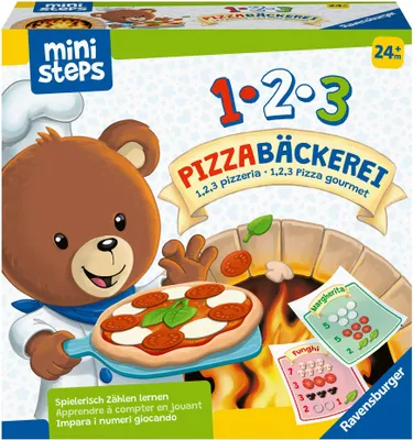 A children's board game box featuring a cartoon bear chef holding a pizza, with a pizza oven in the background.