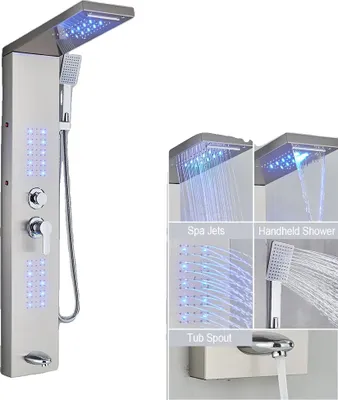 Obrázok produktu pre Kúpeľňový sprchový panel, funkcia dažďa a vodopádu, svetelný efekt LED, 6002 brúsený nikel