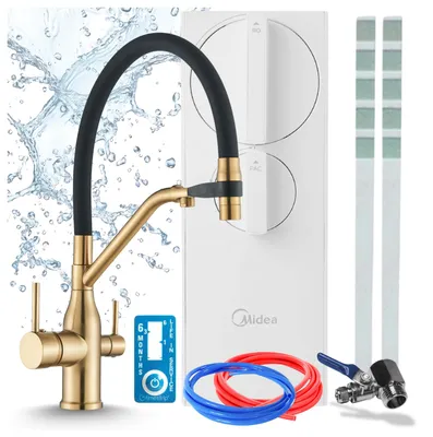 Productafbeelding van Keukenmengkraan met omgekeerde osmose waterfiltersysteem, Ari Magneto, keramische cartridge, messing, perlator, 360 graden draaibaar, geborsteld goud