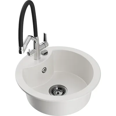 Zdjęcie produktu dla Mexen Diego zlewozmywak granitowy 1-komorowy z baterią kuchenną Duo, biały - 6512-20-671701-07-B