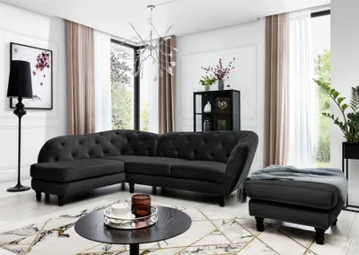 Productafbeelding van Eckbank CHARLOTTE, inclusief hocker, bekleed met zwarte, matte veloursstof. Ottomane aan de linkerkant