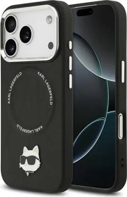 A Karl Lagerfeld branded phone case for an iPhone 17 Pro, shown from a diagonal angle.
