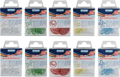 Produktbild von 100 (10x 10) Motiv-Briefklammern / Büroklammern / 5 verschiedene Farben & Motive