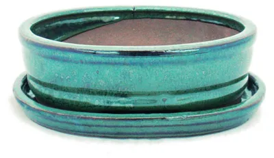 Obrázek produktu pro miska na bonsaje s podšálkem, velikost 2 – zelená – oválná – model o7 – délka 15,5 cm – šířka 12 cm – výška 4,5 cm