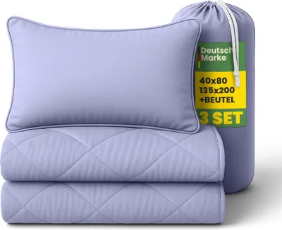 Produktbild von Reise Bettenset 2tlg Lavendel - (135x200cm / 40x80cm) Sommer-Bettdecke inkl Reisetasche - Wendedecke für Reisen, Urlaub, Camping, Festival