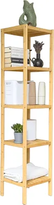 Produktbild von Grafner Badregal mit 5 Etagen aus Bambus, stabile Ausführung, HBT: 147 x 33 x 33 cm, bis 50 kg belastbar, Badezimmerregal schmal Standregal offen Holzregal Bad Küche Flur Badezimmerschrank Schuhregal