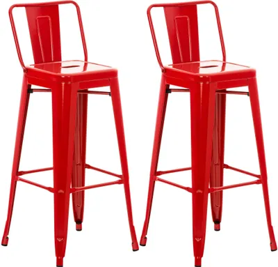 Two red bar stools are shown against a white background.