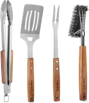 Productafbeelding van BBQ grillset 4-delig, roestvrij staal, met houten handvatten, voor tuin