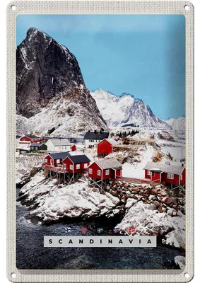 Produktbild von Blechschild Reise 20x30cm Skandinavien Schnee Häuser Gebirge