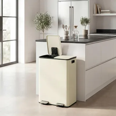Produktbild von SONGMICS Mülleimer Küche, 2 x 30 Liter, 2 Fächer, Abfalleimer, Tretmülleimer, Softclose-Deckel, Stahl, creme