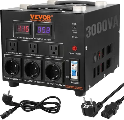 Productafbeelding van 3000VA spanningsomvormer, transformator, AC 110V ⇌ 220V. Transformator met 3 Amerikaanse NEMA 5-15R stopcontacten (3-polig), 3 Europese Schuko-stopcontacten, 1 USB-poort en 1 Type-C poort