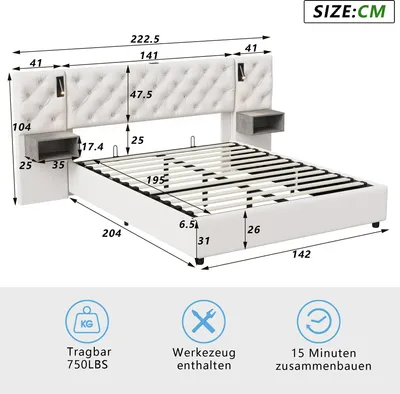 Produktbild von Polsterbett 140x200 cm - Boxspringbett mit Bettkasten - Hydraulische Hebefunktion - LED-Kopfteil - Leselicht mit USB-Ladeanschluss - Lattenrost - Weiß