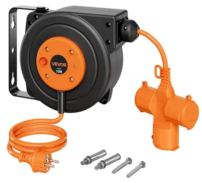 Obrázok produktu pre VEVOR, navíjací bubon na káble, 10 m, 3000 W, automatický navinovač kábla, 16 AWG/3-žilový, na montáž na stenu alebo strop, 3 zásuvky, ochrana proti prehriatiu do 56 °C, osvetlená trojzásuvková zásuvka, s otočným držiakom o 180°