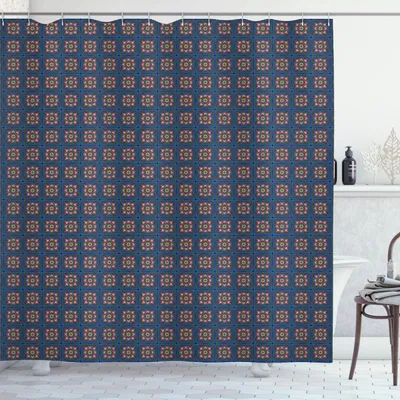 Immagine prodotto di ABAKUHAUS Tenda da doccia marocchina, motivi floreali orientali antichi in tonalità scure ripetute, 175 x 180 cm, blu cielo scuro multicolore