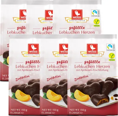Produktbild von Weiss gefüllte Lebkuchen Herzen Zartbitter mit Aprikosen Füllung 150g (6er Pack)