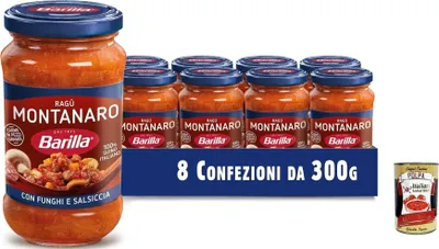 Produktbild von Barilla Sugo Montanaro Sauce, Sauce bereit für Tomaten mit Wurst und Pilzen, Ferge Sauce, 8x 300g Paket + Italian Gourmet polpa 400g