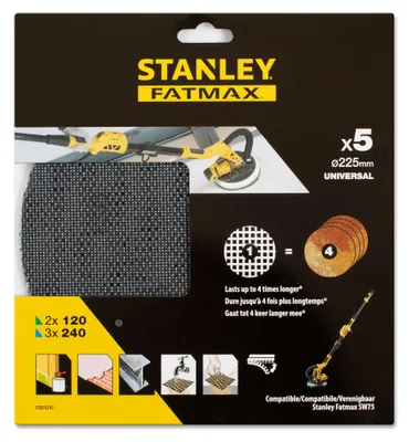 Image de STANLEY 5 abrasifs maille diamètre 225mm grains 130 et 240, compatible avec ponceuse type Girafe