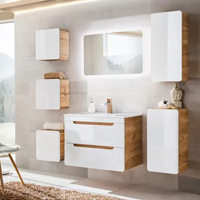 Produktbild von Badezimmermöbel Set mit 81 cm Waschtisch & LED-Spiegel LUTON-56 Hochglanz weiß mit Wotan Eiche Nb., B/H/T ca. 180/200/46 cm